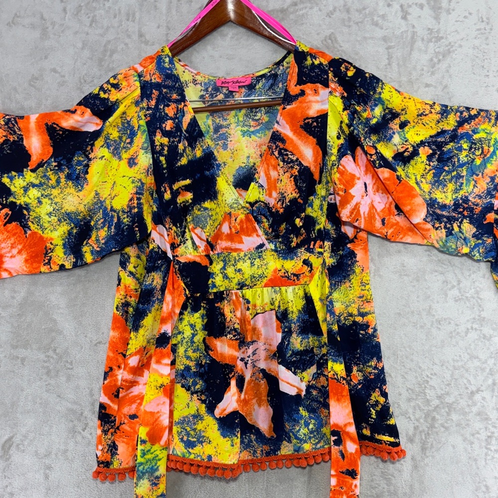 Betsey Johnson Vibrant Floral Tie Back Tunic w/Ruffled Bell Sleeves Size L